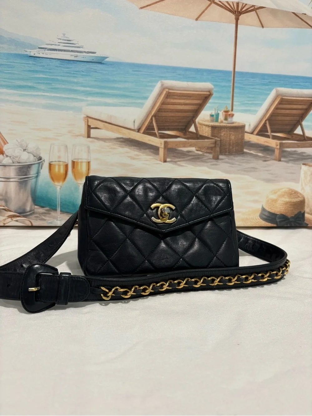 Authentic Chanel Navy Matelassé leather Belt Bag w Certificate of Authenticity